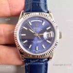 Swiss Copy Rolex SS Day Date Oyster Watch Blue Dial Blue Leather Replica